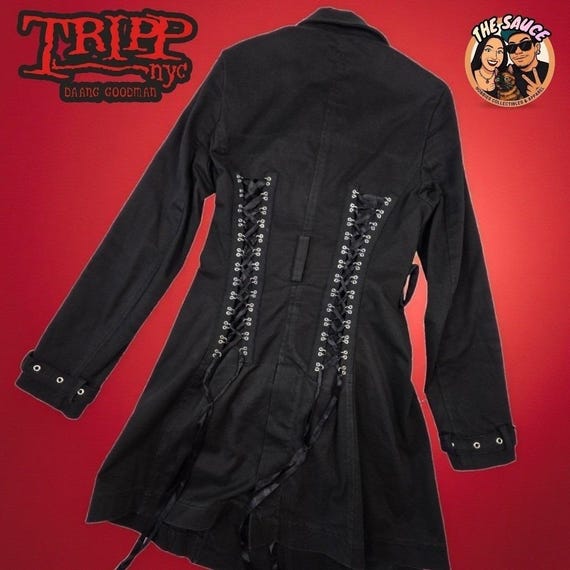 Tripp NYC Trench Coat Womens Small Black Corset Lace up Goth Punk 
