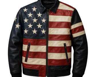 Giubbotto bomber da uomo in vera pelle con bandiera americana / Cappotto da motociclista con stelle e strisce USA / Capospalla patriottico per motociclisti / Regalo per lui