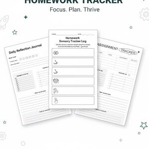 Puede incluir: Un rastreador de tareas ADHD-Neurodivergente blanco con el texto "Focus. Plan. Thrive". La imagen muestra tres páginas imprimibles: un diario de reflexión diaria, un registro de seguimiento sensorial de tareas y un rastreador de tareas. El paquete está disponible para descarga instantánea.