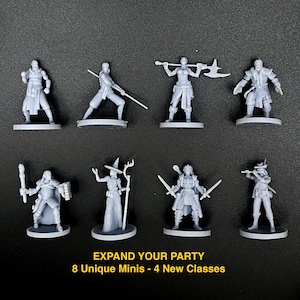 May include: Eight grey miniature figurines of fantasy characters, including a wizard, warrior, and archer, are arranged in two rows. The text "EXPAND YOUR PARTY" and details about the miniatures are at the bottom of the image.
