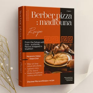 以下が含まれることがあります： 「Berber pizza: madfouna Recipe」というタイトルの料理本。オレンジと黒の表紙で、テキスト、ベルベルピザの写真、そして「Discover Morocco's Hidden recipe」というフレーズが特徴です。