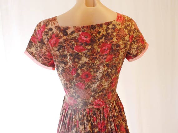Vintage Hand sewn Full skirt Dress Floral Brown M… - image 6