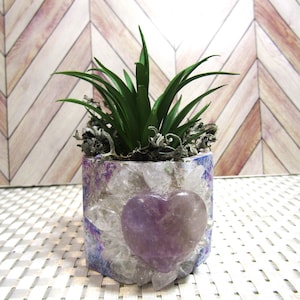 May include: A small succulent plant in a purple and white planter with a large amethyst heart in the center. The planter is made of clear quartz crystals.