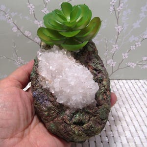 May include: A decorative rock planter featuring a cluster of clear quartz crystals and a vibrant green succulent. The rock has a textured, multi-colored surface with shades of brown, green, and gold. The succulent adds a touch of natural beauty to the unique planter.