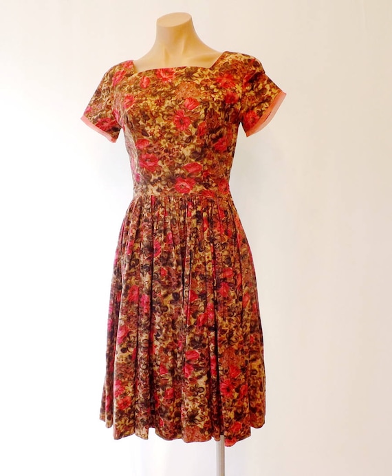 Vintage Hand sewn Full skirt Dress Floral Brown M… - image 1