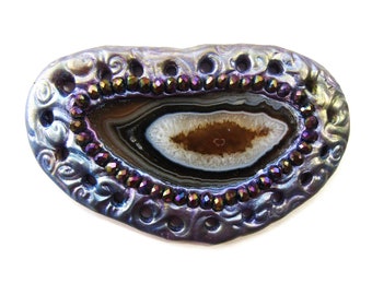 Tan, brown, white Banded Agate Slice Basket Base/Hand Crafted/Epoxy Clay/Purple faceted beads