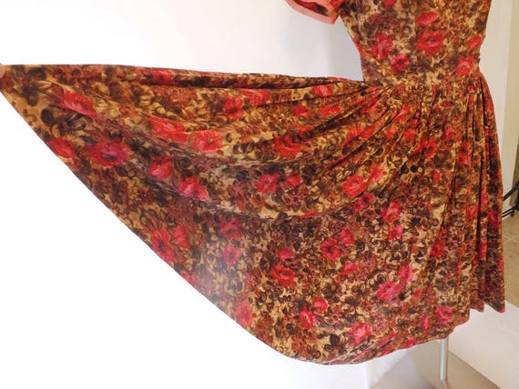 Vintage Hand sewn Full skirt Dress Floral Brown M… - image 7