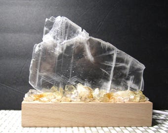 Natural Selenite Plate with Quartz/Oregon Sunstone/Citrine LED lamp wood base/color changing/mood light/calming night light #21