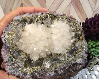 Cement Geode Planter plant arrangement/real Quartz geode/Table top display/Nature #1