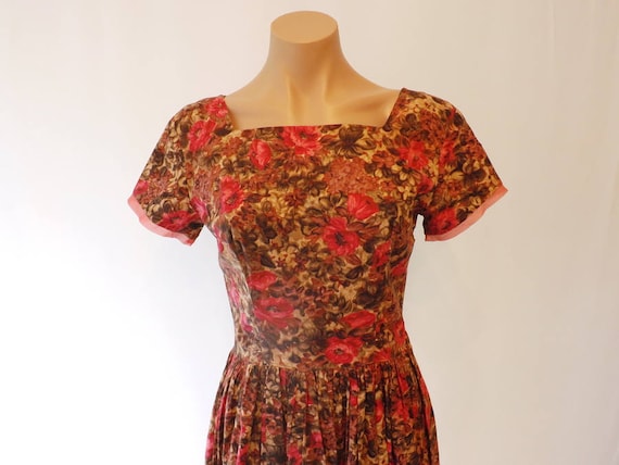 Vintage Hand sewn Full skirt Dress Floral Brown M… - image 2