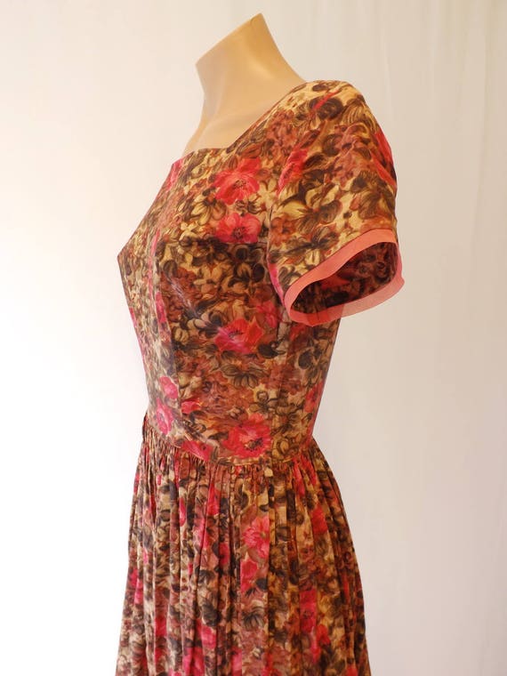 Vintage Hand sewn Full skirt Dress Floral Brown M… - image 4
