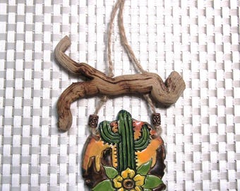 Saguaro Cactus Wall Hanging/ Ornament/ Southwestern Decor/Ceramic and wood/Arizona sunset #1