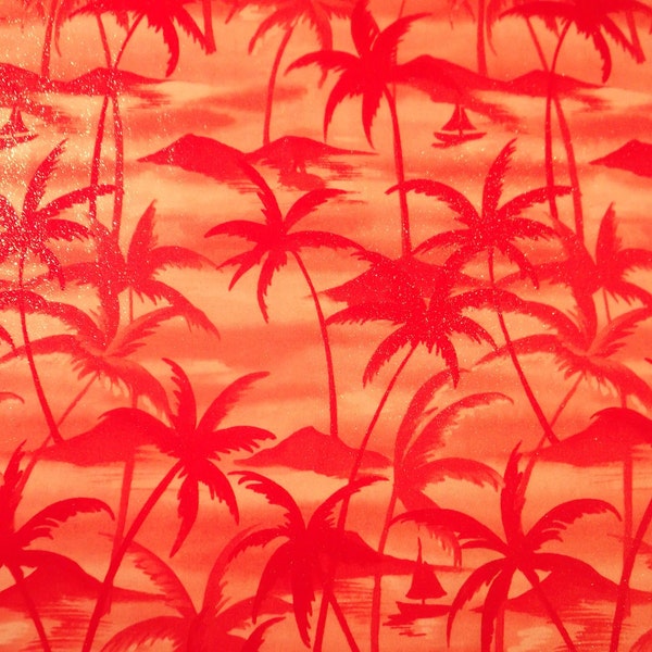 Fabric Orange Palm Trees Island Sunset Poly Knit Yardage