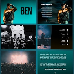 May include: A promotional graphic for a musician named Ben. The layout includes a biography, social media links, and performance venues. The color scheme is teal and black, with images of the artist and concert crowds.