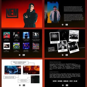 Può includere: Un poster promozionale per NEM, con un uomo con una felpa con cappuccio nera e un logo. Il poster include copertine di album, foto di luoghi e un elenco di luoghi notevoli e artisti condivisi. La combinazione di colori è principalmente rossa e nera.