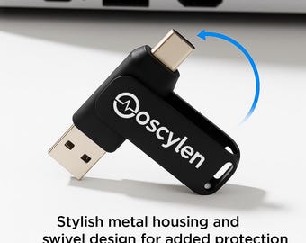 May include: Black USB-C and USB-A flash drive with a swivel design. The drive has a metal housing and the brand name "Oscylen" is printed on the side. The image also includes the text "Stylish metal housing and swivel design for added protection."