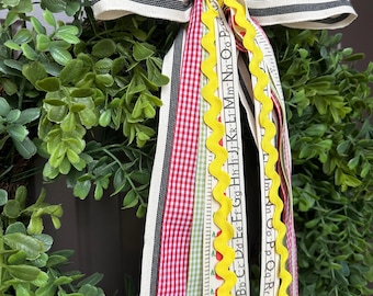 Back to School Front Door Decor for Wreath 1st Day of School Pictures Gingham Ruler Alphabet Apple Ribbon