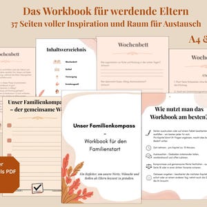 May include: A collection of printable workbooks for expectant parents, featuring the title "Das Workbook für werdende Eltern" and the text "37 Seiten voller Inspiration und Raum für Austausch." The workbooks are in A4 & A5 sizes and include topics like "Wochenbett" and "Unser Familienkompass."