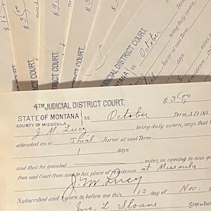 Antique 1890 Missoula County Montana Juror Receipt Court Documents, Free Shipping B3