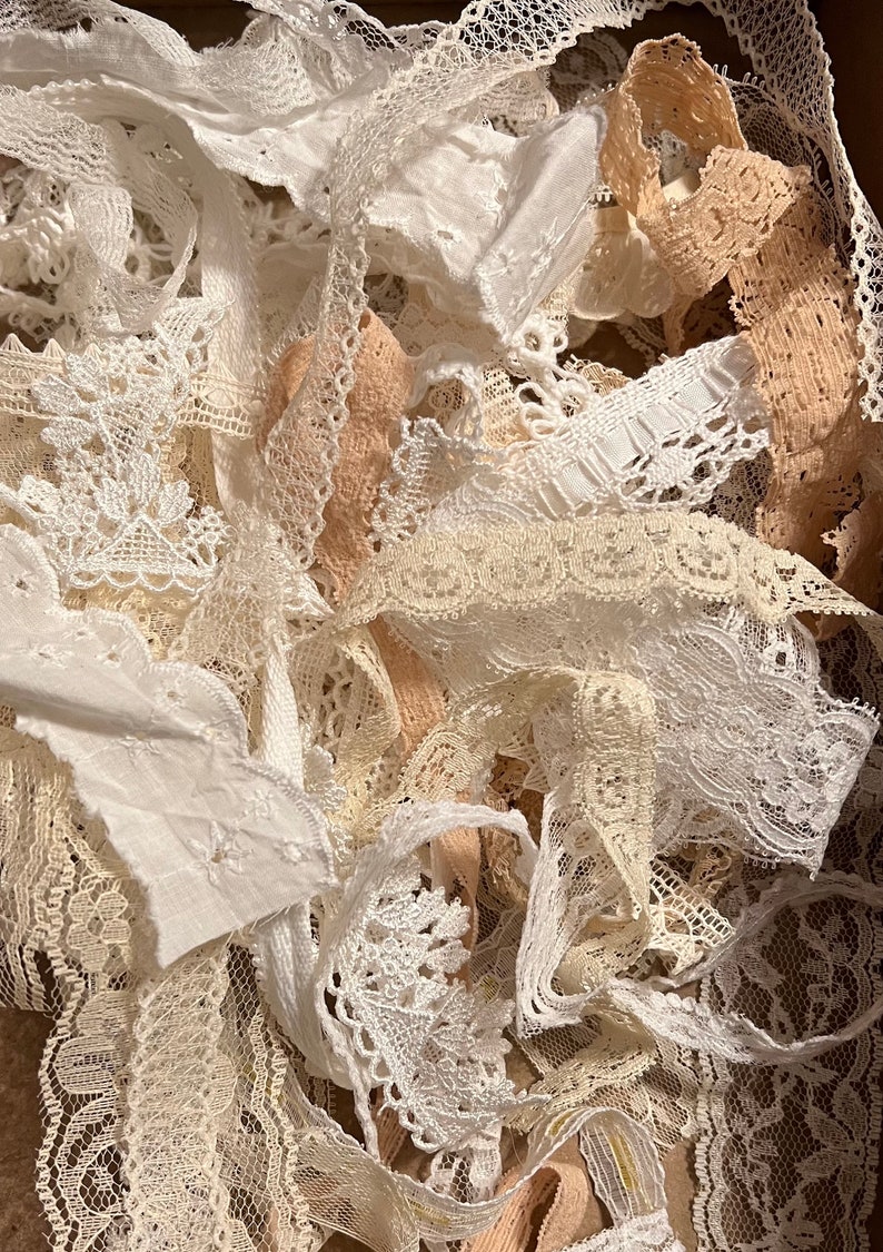 30 Piece Lot of Vintage & New White, Beige, Ecru Lace, 10 Yds Total, Grab Bag, Assorted Trim, Journals, Mixed Media, Bulk Buy, Doll Clothes image 2