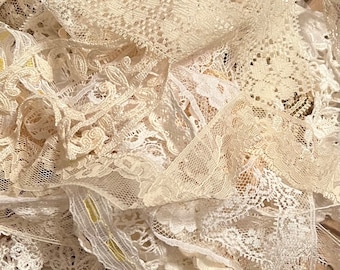 30 Piece Lot of Vintage & New White, Beige, Ecru Lace, 10+ Yds Total, Grab Bag, Assorted Trim, Journals, Mixed Media, Bulk Buy, Doll Clothes
