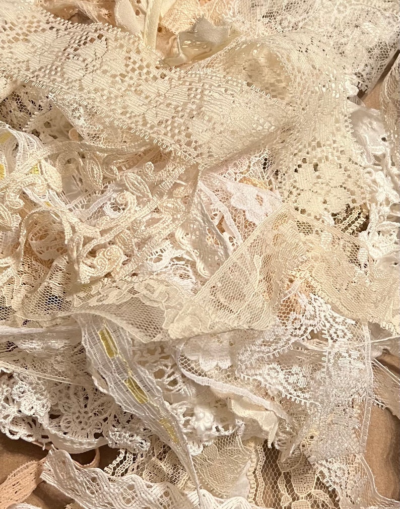 30 Piece Lot of Vintage & New White, Beige, Ecru Lace, 10 Yds Total, Grab Bag, Assorted Trim, Journals, Mixed Media, Bulk Buy, Doll Clothes image 1