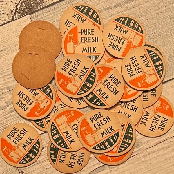 5 Vintage Pure Fresh Milk Bottle Caps, Dairy Tokens, Ephemera, Journal Embellishment, Scrapbooking, Free Shipping