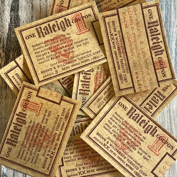 10 Vintage CUT Tickets, Scrapbooking, Journal Ephemera, Raleigh Cigarette Coupons, Embellishment, Tag, Stamp, Collage Art, Alter, Free Ship