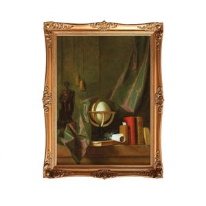 May include: An antique oil painting in a gold ornate frame. The artwork depicts a still life with a globe, books, a statue, and draped fabric in shades of green and red. The frame has detailed carvings.