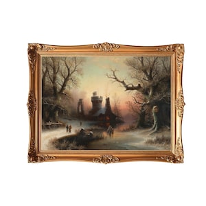 Peut inclure: Peinture de paysage encadrée antique représentant une scène hivernale avec un château, des arbres et des personnages sur un chemin enneigé. Le cadre doré orné entoure l'œuvre. La peinture présente une palette de couleurs chaudes.