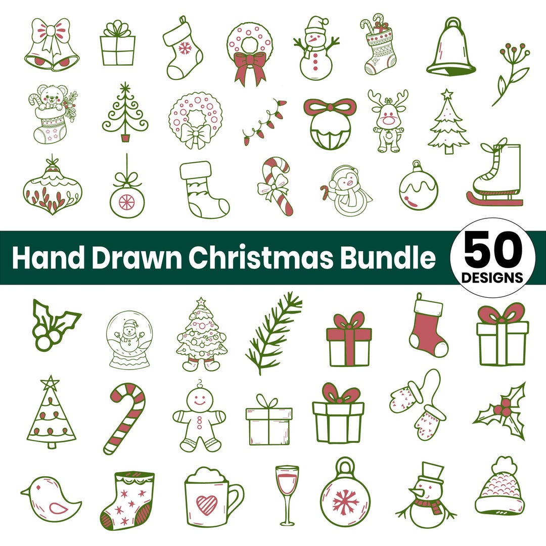 Christmas Line Art Clipart, Xmas Outline Art, Hand Drawn Xmas ...