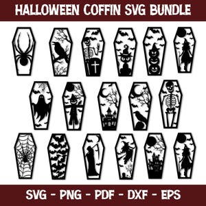 May include: A collection of black Halloween coffin designs featuring various spooky elements. Designs include a spider, raven, skeleton, cat, pumpkins, witch, ghost, scarecrow, haunted house, and more. The text "HALLOWEEN COFFIN SVG BUNDLE" is at the top.