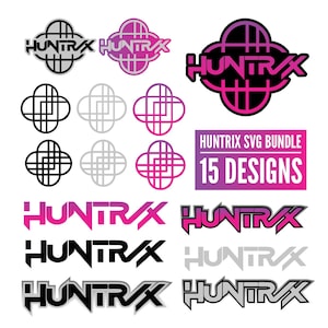 May include: A collection of "Huntrix" logo designs in various styles and colors, including black, gray, and pink. The image also features the text "Huntrix SVG Bundle" and "15 Designs."