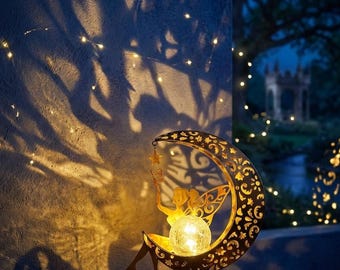 Statue solaire de jardin de fée, décoration extérieure, lune, guirlande lumineuse, patio imperméable, pelouse, cour, allée, décoration, cadeau pour maman, amateurs de jardinage