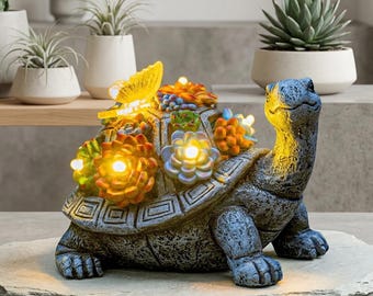 Solar Garden Tortoise Statue with Succulent & 7 LED Lights, Outdoor Turtle Lawn Decor, Patio Balcony Yard Ornament