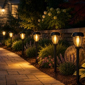 May include: A row of black solar-powered path lights with clear, ribbed glass shades and warm yellow LED bulbs, installed along a stone walkway in a garden setting, illuminating the path and surrounding greenery with a soft, ambient glow.