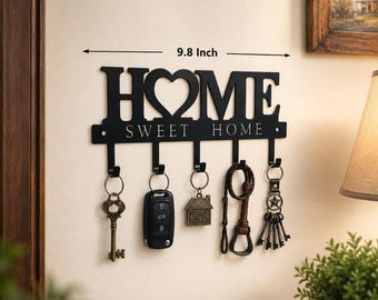 Key Holder for Wall, Metal Key Rack Wall Mount with 5 Hooks, Sweet Home Decorative Entryway Organizer, Black Key Hanger 9.8 Inch