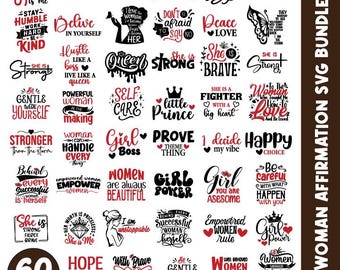 Woman Empowerment SVG-bundel, inspirerende citaten, positieve affirmaties (60 ontwerpen) (digitale download)