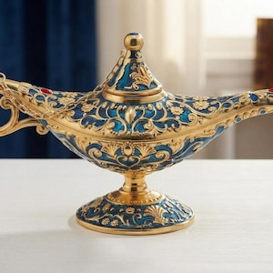 May include: A decorative oil lamp featuring a gold-toned metal body with intricate filigree patterns and deep blue enamel accents. The lamp has a curved handle, a pointed spout, a removable lid with a small knob, and a circular pedestal base.