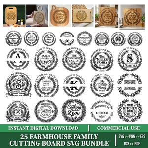 May include: A digital collection of 25 circular and rectangular laser-ready designs featuring laurel wreaths, kitchen-themed typography, and family name placeholders. These black and white graphic files are intended for engraving on cutting boards.