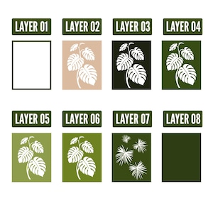 May include: An image showcasing eight layers, each with a different design. The layers feature a square frame, monstera leaves, and palm fronds in various colors, including beige, black, green, and white. Each layer is labeled with the text "LAYER" followed by a number.