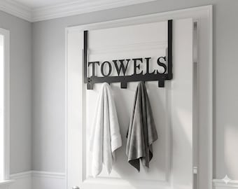 Over The Door Towel Rack Black Metal, Bathroom Towel Holder Hook, Door Mounted Towel Hooks, Bathrobe Hanger, Space Saving Cabinet Organizer