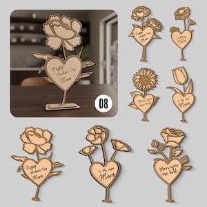 Puede incluir: Decoraciones florales de madera para el Día de la Madre. Cada una presenta un diseño floral, un corazón con un mensaje y un soporte. Los mensajes incluyen "Happy Mother's Day Mom!", "I Love U Mom" y "Mom you are best".