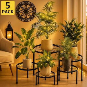 May include: A 5-pack of black metal plant stands with circular tops and thin legs, arranged at varying heights. Each stand holds a potted green plant adorned with warm white string lights, creating a tiered display of indoor greenery.