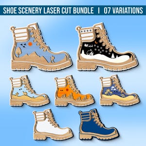 May include: A laser-cut wooden shoe scenery bundle with seven designs. Each boot depicts a different landscape, such as mountains, desert, cityscapes, and beaches. The boots are in various colours, including blue, orange, and white. The text at the top says "SHOE SCENERY LASER CUT BUNDLE | 07 VARIATIONS".