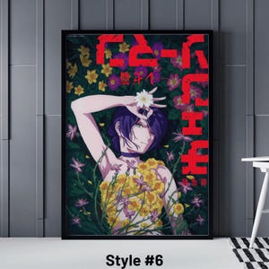 May include: A framed anime art print, style #6, featuring a character with purple hair and green eyes, surrounded by yellow and purple flowers. The artwork has Japanese text in red and is set against a floral background.