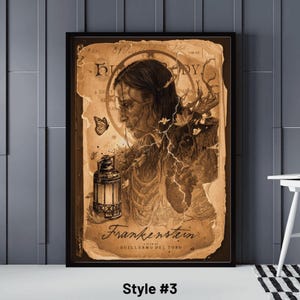 May include: Framed sepia-toned artwork featuring a portrait of a person with a lantern and butterfly, with the title "Frankenstein" and "Guillermo Del Toro" at the bottom. The artwork has a vintage, aged paper aesthetic, with the text "Style #3" at the bottom.