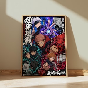 May include: A framed poster featuring characters from the anime series Jujutsu Kaisen. The artwork showcases multiple characters in dynamic poses, with vibrant colors and Japanese text. The title "Jujutsu Kaisen" is prominently displayed at the bottom.