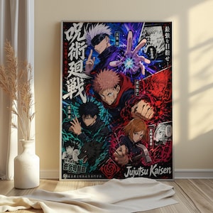 May include: A framed Jujutsu Kaisen anime poster. The artwork features several characters in dynamic poses, with vibrant colors and Japanese text. The title "Jujutsu Kaisen" is displayed prominently at the bottom. The poster is set against a neutral background.