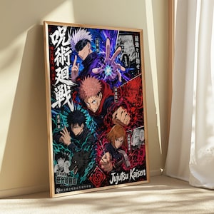 May include: A framed poster featuring characters from the anime series Jujutsu Kaisen. The artwork is a collage of characters in action poses, with Japanese text and the series title prominently displayed. The color palette includes blues, reds, and blacks.